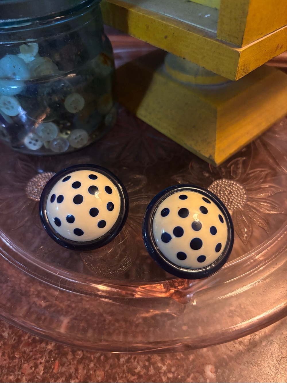 Vintage Navy Polka Dot Dome Earrings - Classic Two-Tone Style